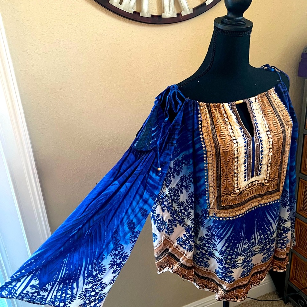 Hale Bob blue cold shoulder top